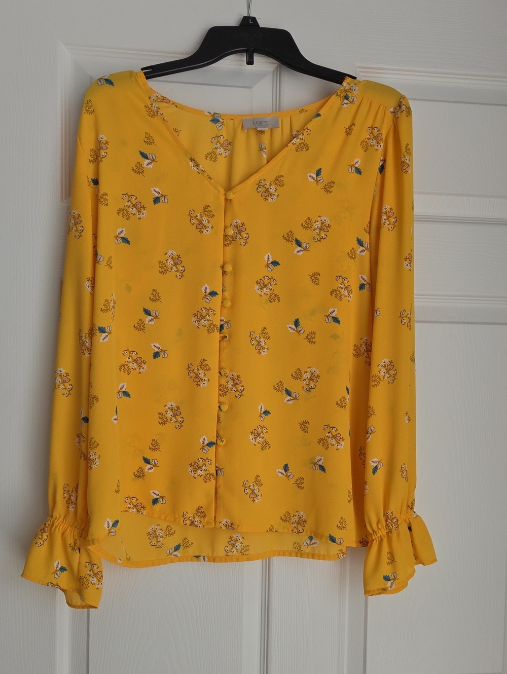 LOFT Yellow Floral V-Neck Blouse with Ruffle Cuffs
